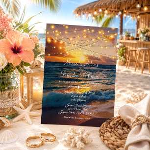 Elegant Sunset Beach String Lights Summer Wedding Invitation