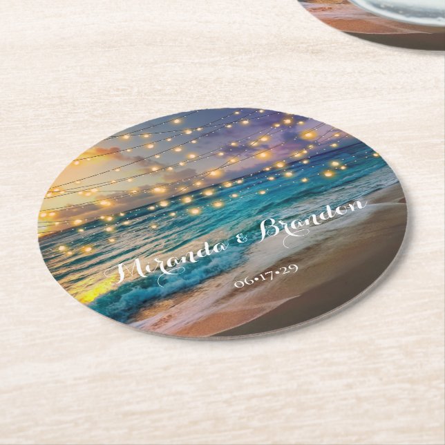 Elegant Sunset Beach String Lights Summer Wedding  Round Paper Coaster (Angled)
