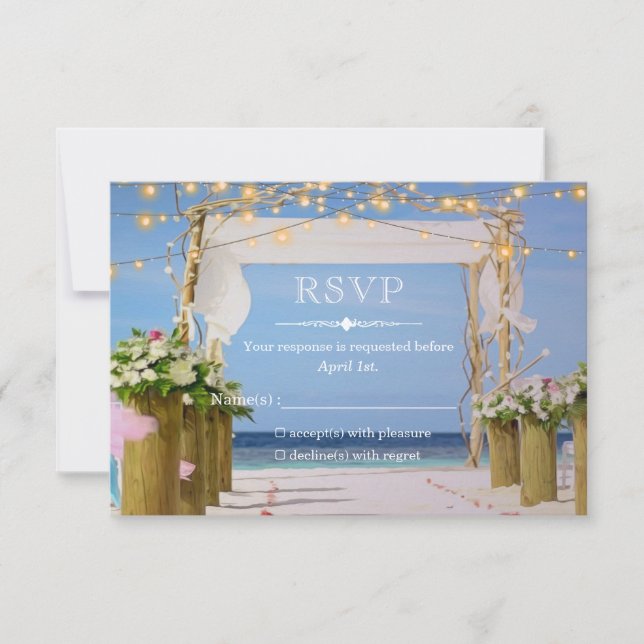 Elegant Sunset Beach String Lights Summer Wedding RSVP Card (Front)