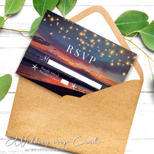 Elegant Sunset Beach String Lights Summer Wedding RSVP Card