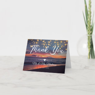 Elegant Sunset Beach String Lights Summer Wedding Thank You Card