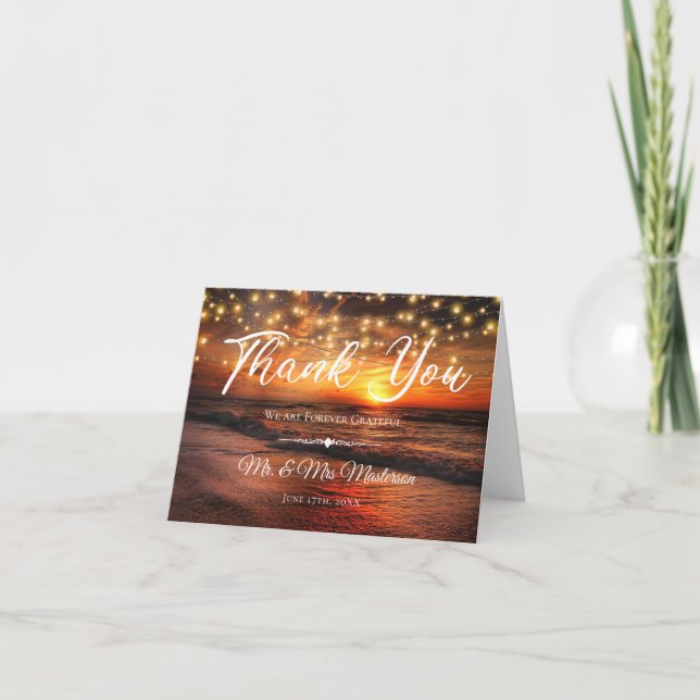 Elegant Sunset Beach String Lights Summer Wedding Thank You Card (Front)