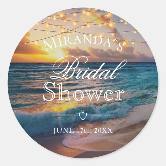 Elegant Sunset Beach Summer Bridal Shower Classic Round Sticker (Front)