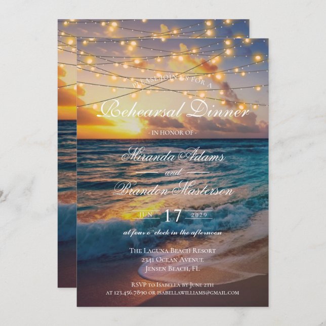Elegant Sunset Beach Summer Rehearsal Dinner Invitation (Front/Back)