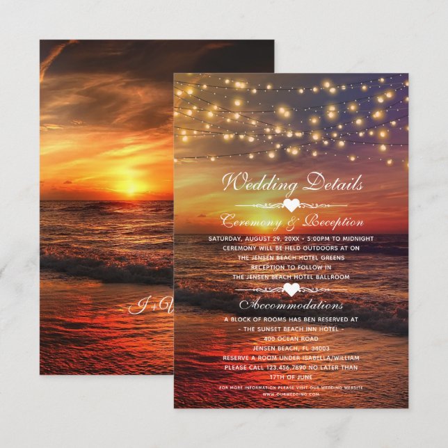 Elegant Sunset Beach Summer Wedding Details Card (Front/Back)