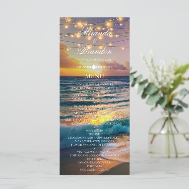 Elegant Sunset Beach Summer Wedding Menu Card (Standing Front)