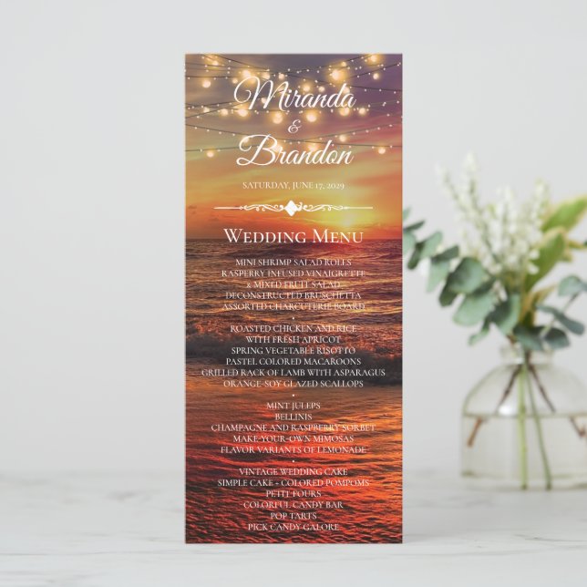 Elegant Sunset Beach Summer Wedding Menu Card (Standing Front)
