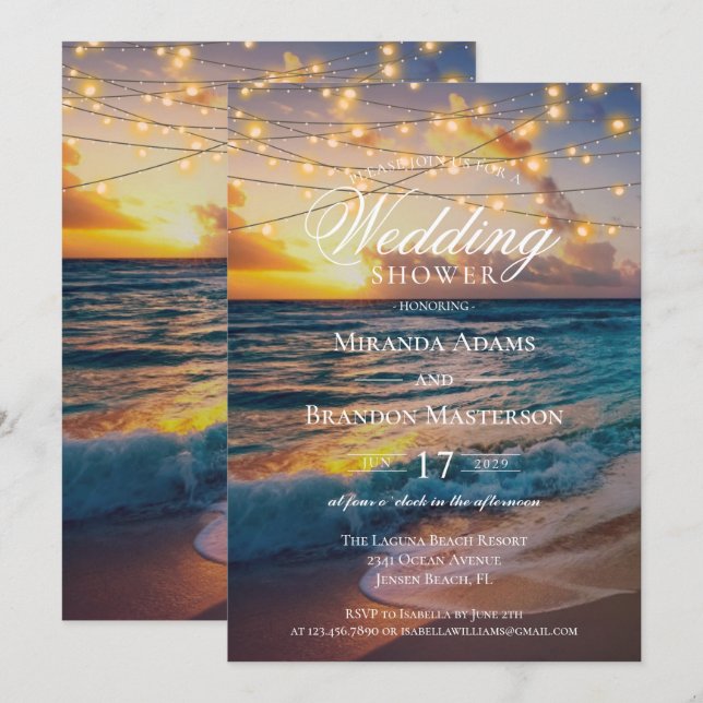 Elegant Sunset Beach Summer Wedding Shower Invitation (Front/Back)