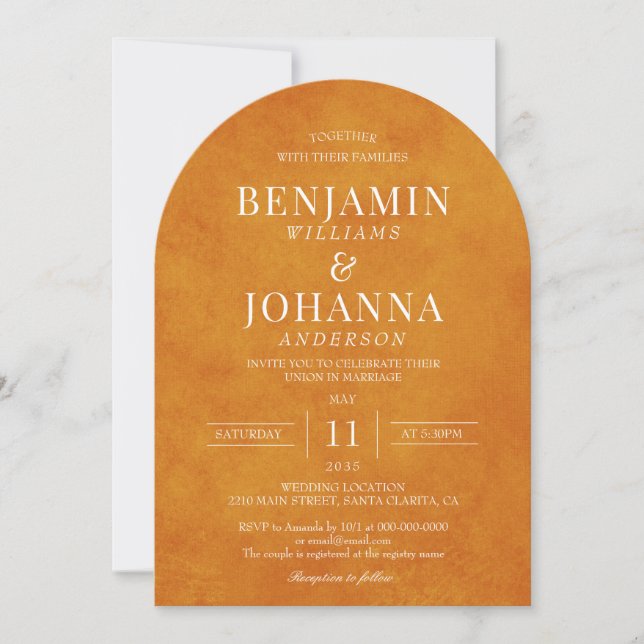 Elegant Sunset Orange Watercolor Arch Wedding Invitation (Front)