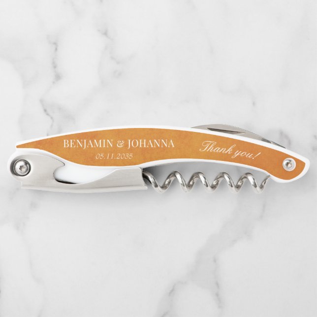 Elegant Sunset Orange Wedding Thank You Favours Corkscrew (Front)