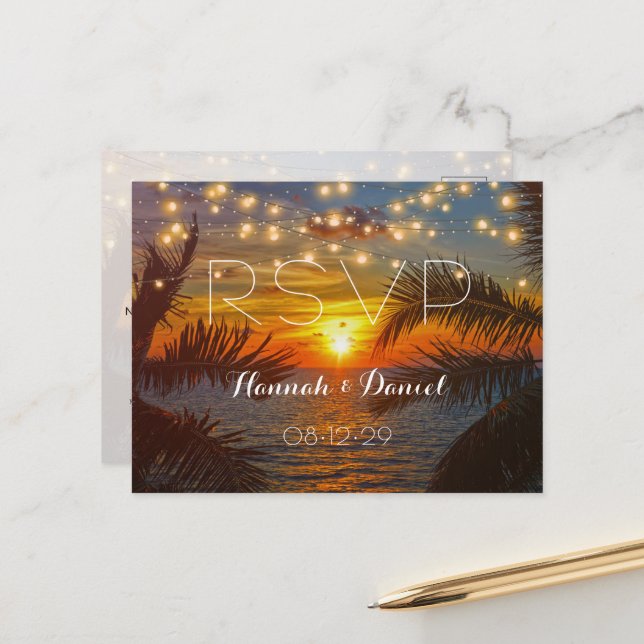 Elegant Sunset Palm Beach Summer Wedding RSVP Postcard (Front/Back In Situ)