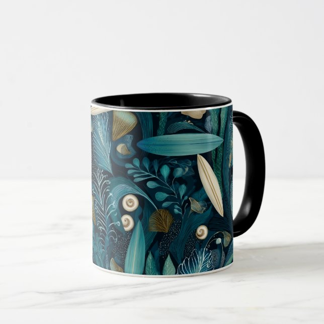 Elegant Surfboard and Kelp Beach Mug (Front Right)