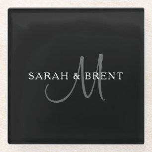 Elegant Surname Monogram   Black, Grey & White Glass Coaster