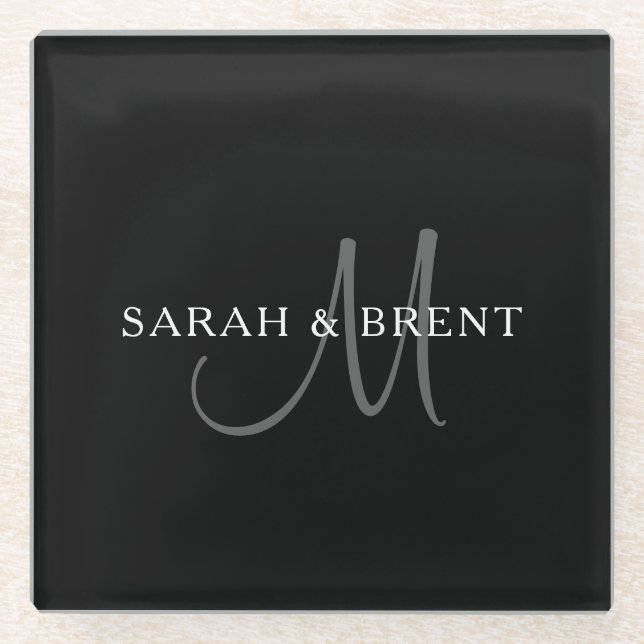 Elegant Surname Monogram | Black, Grey & White Glass Coaster (Front)