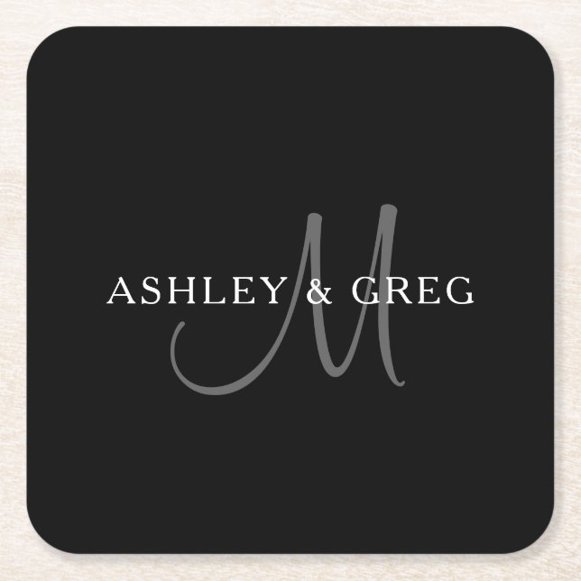 Elegant Surname Monogram | Black, Grey & White Square Paper Coaster (Front)
