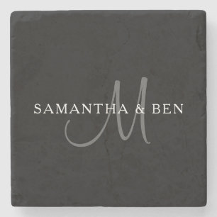 Elegant Surname Monogram   Black, Grey & White Stone Coaster