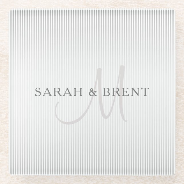 Elegant Surname Monogram & Thin Grey Stripes Glass Coaster (Front)