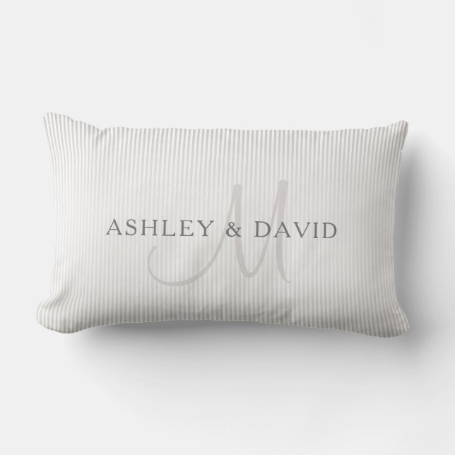 Elegant Surname Monogram & Thin Grey Stripes Lumbar Cushion (Front)