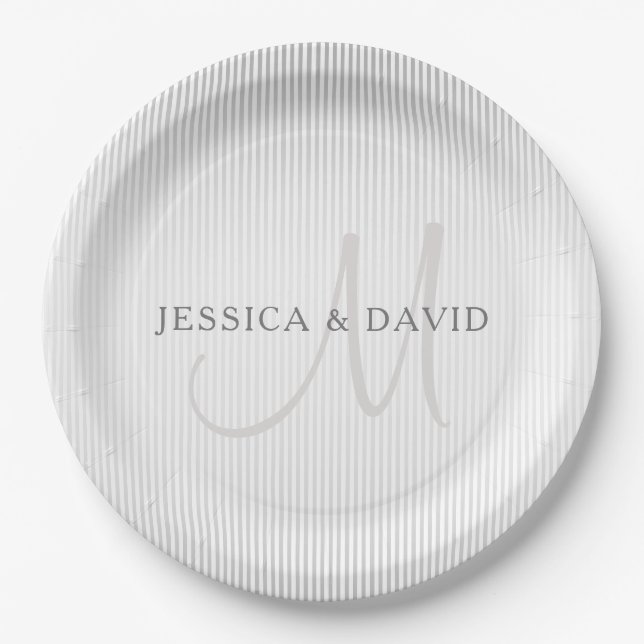 Elegant Surname Monogram & Thin Grey Stripes Paper Plate (Front)
