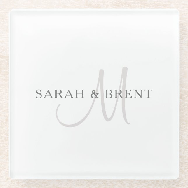 Elegant Surname Monogram | White & Grey Glass Coaster (Front)