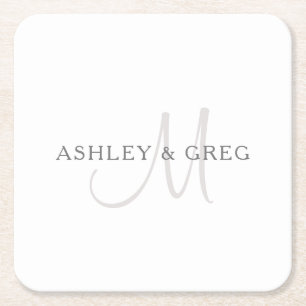 Elegant Surname Monogram   White & Grey Square Paper Coaster