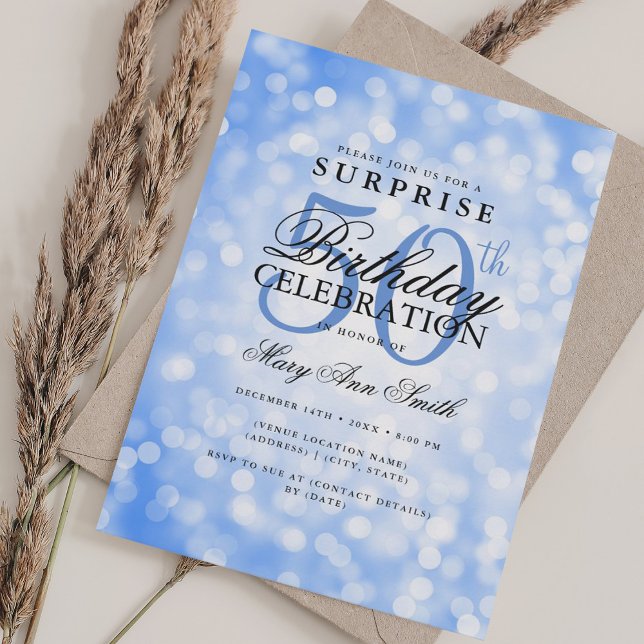 Elegant SURPRISE 50th Birthday Navy Blue Lights Invitation (Elegant SURPRISE 50th Birthday Navy Blue Lights Invitation)