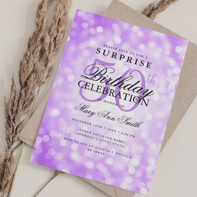 Elegant SURPRISE 50th Birthday Purple Lights Invitation (Elegant SURPRISE 50th Birthday Purple Lights Invitation)