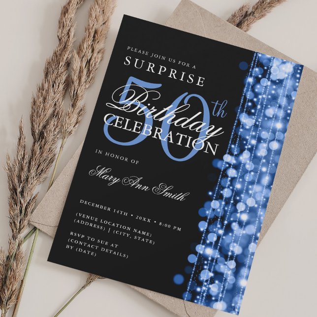 Elegant Surprise 50th Birthday Sparkles Navy Blue Invitation (Elegant Surprise 50th Birthday Sparkles Navy Blue Invitation)