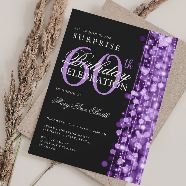 Elegant Surprise 60th Birthday Sparkles Purple  Invitation (Elegant Surprise 60th Birthday Sparkles Purple Invitation)