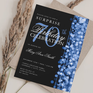 Elegant Surprise 70th Birthday Sparkles Navy Invitation