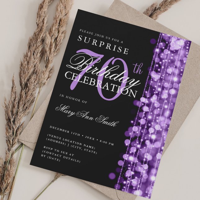 Elegant Surprise 70th Birthday Sparkles Purple  Invitation (Elegant Surprise 70th Birthday Sparkles Purple Invitation)