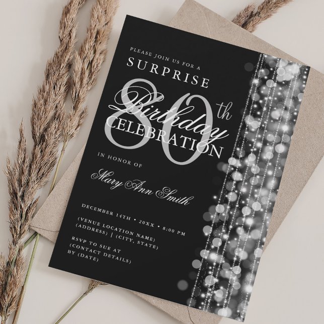 Elegant Surprise 80th Birthday Sparkles Silver  Invitation (Elegant Surprise 80th Birthday Sparkles Silver Invitation)