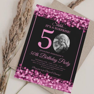 Elegant SURPRISE Photo 50th Birthday Hot Pink  Invitation