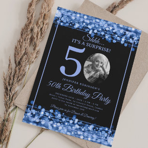Elegant SURPRISE Photo 50th Birthday Party Blue Invitation