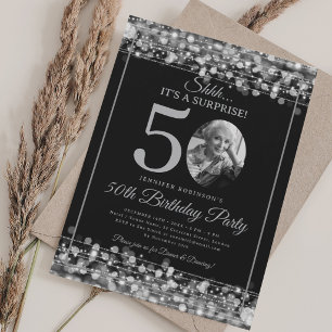 Elegant SURPRISE Photo 50th Birthday Silver Glam Invitation