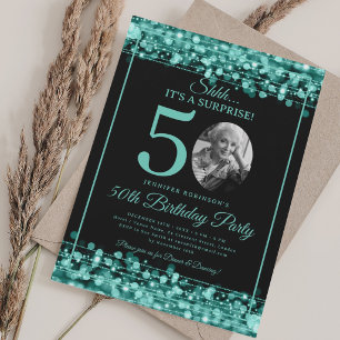 Elegant SURPRISE Photo 50th Birthday Turquoise Invitation