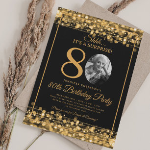 Elegant SURPRISE Photo 80th Birthday Gold Glam  Invitation