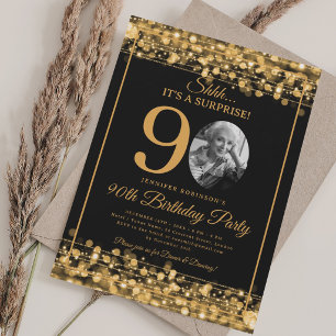 Elegant SURPRISE Photo 90th Birthday Gold Glam  Invitation