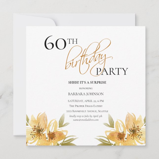 Elegant Surprise Yellow Floral 60th Birthday Invitation (Front)
