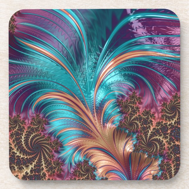 Elegant Surreal Feather Fractal Teal & Purple Coaster (Front)