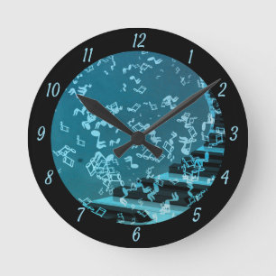 Elegant Surreal Music Notes Piano Black & Blue Round Clock