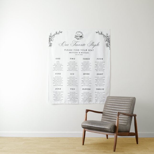 Elegant Swan 12 Tables Wedding Seating Chart Sign Tapestry (In Situ)