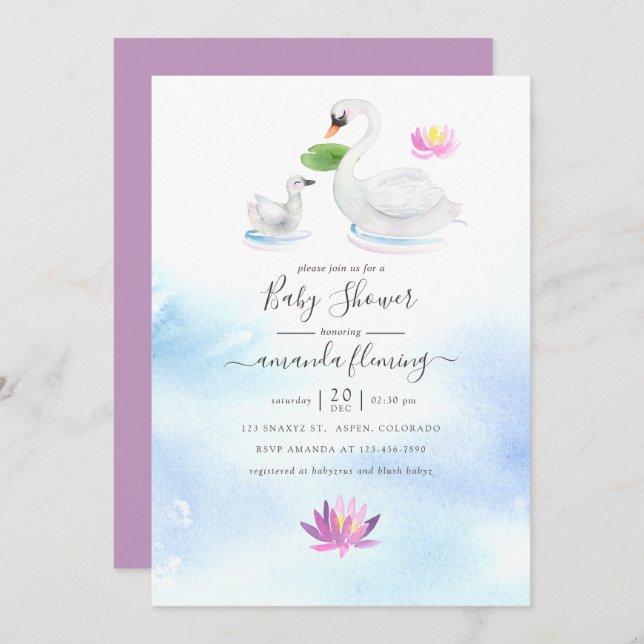 Elegant Swan and Lotus Watercolor Baby Shower Invitation (Front/Back)