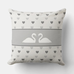 Elegant Swan Couple & Silver Grey Heart Pattern Cushion
