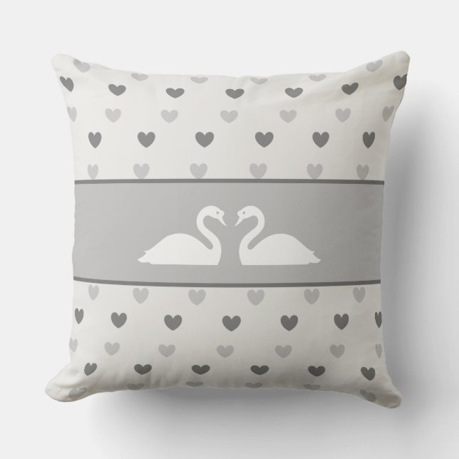 Elegant Swan Couple & Silver Grey Heart Pattern Cushion (Front)