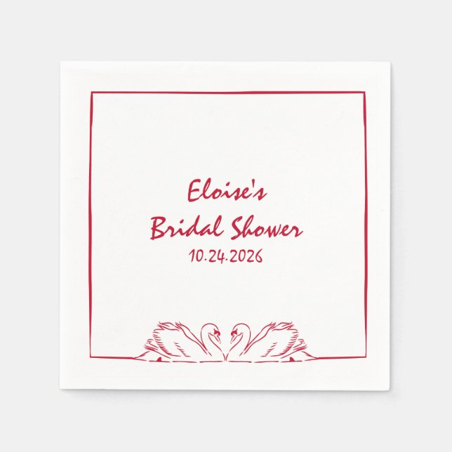 Elegant Swan Crimson Red Hand Drawn Bridal Shower  Napkin (Front)