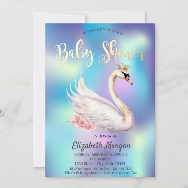 Elegant Swan Crown Flowers Holographic Baby Shower Invitation (Front)