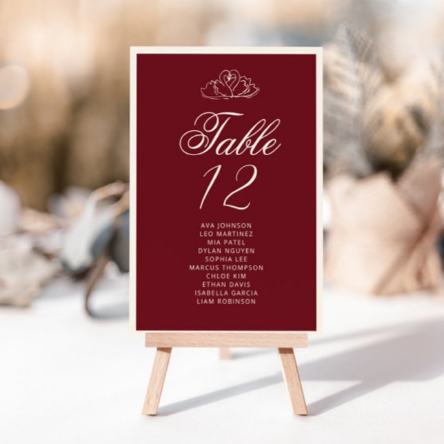 Elegant Swan Deep red Table Seating Chart cards (Creator Uploaded)