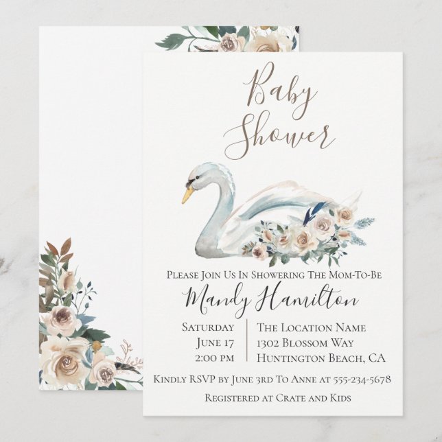 Elegant Swan Floral Baby Shower Invitation (Front/Back)