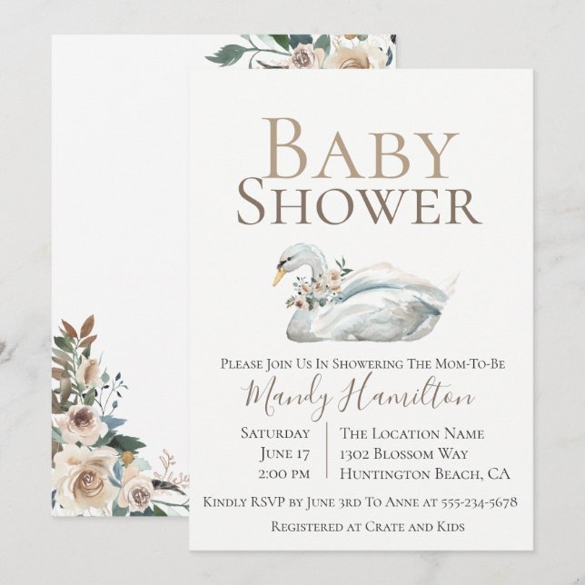 Elegant Swan Floral Neutral Baby Shower Invitation (Front/Back)